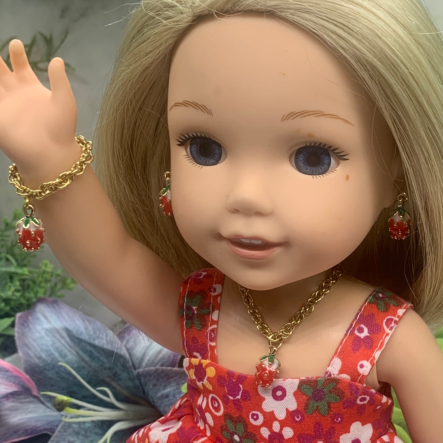 Strawberry Charm Gold Chain Doll Necklace Earring Bracelet Set 14” Wellie Wisher
