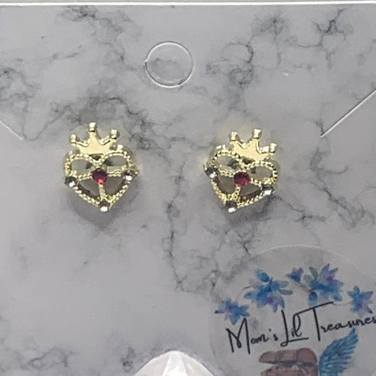 Crown Heart Red Rhinestone Post Doll Earrings 2mm Post • fits 18” American Girl