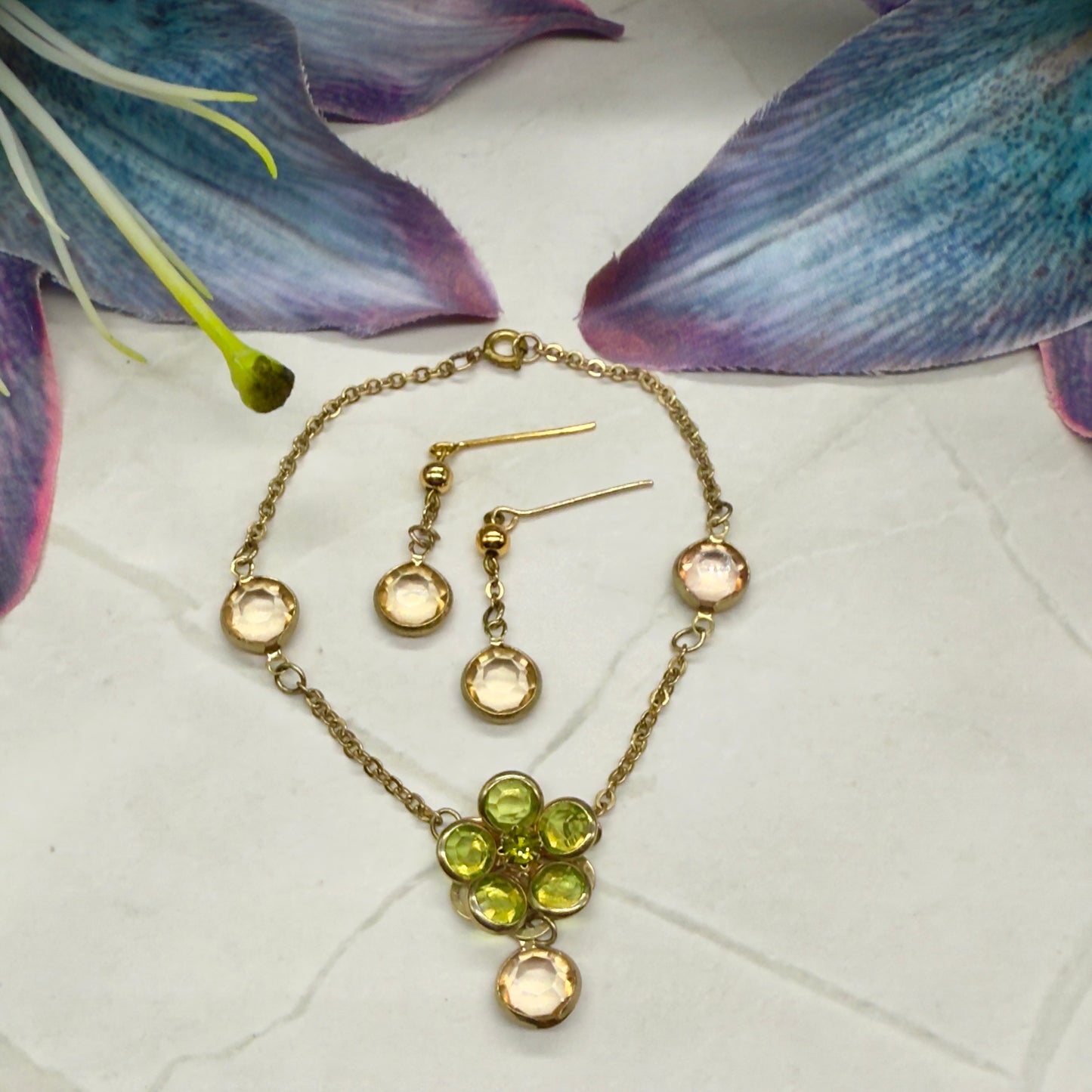 Green Yellow Crystal Flower Doll Necklace Earring Set • 18 Inch Doll Jewelry