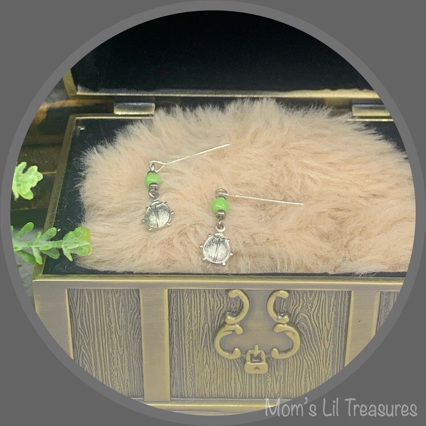 Green Glass Silver Lady Bug Dangle Doll Earrings • 18 Inch Fashion Doll Jewelry