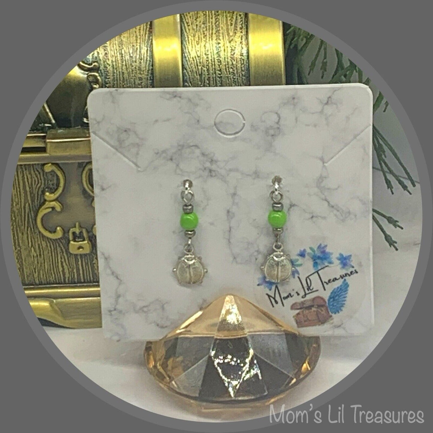 Green Glass Silver Lady Bug Dangle Doll Earrings • 18 Inch Fashion Doll Jewelry