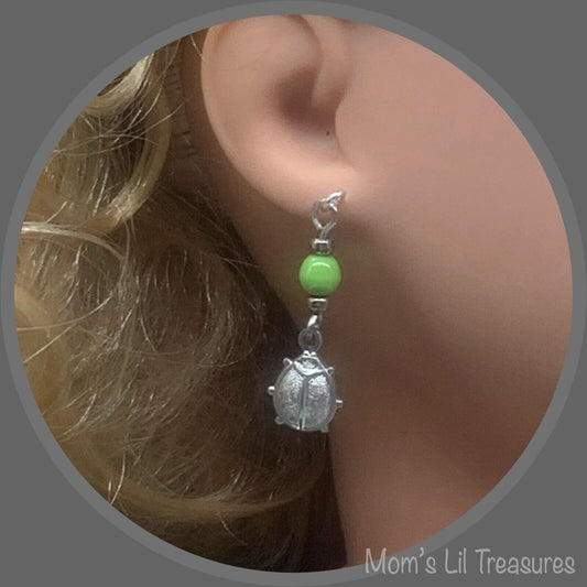Green Glass Silver Lady Bug Dangle Doll Earrings • 18 Inch Fashion Doll Jewelry