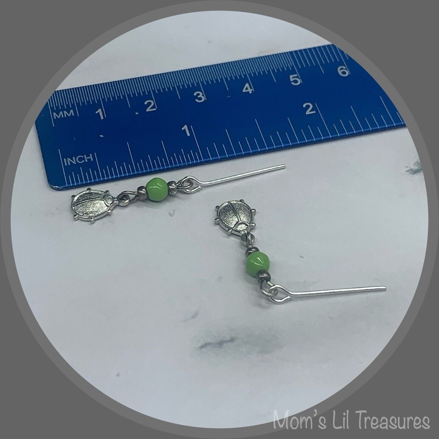 Green Glass Silver Lady Bug Dangle Doll Earrings • 18 Inch Fashion Doll Jewelry
