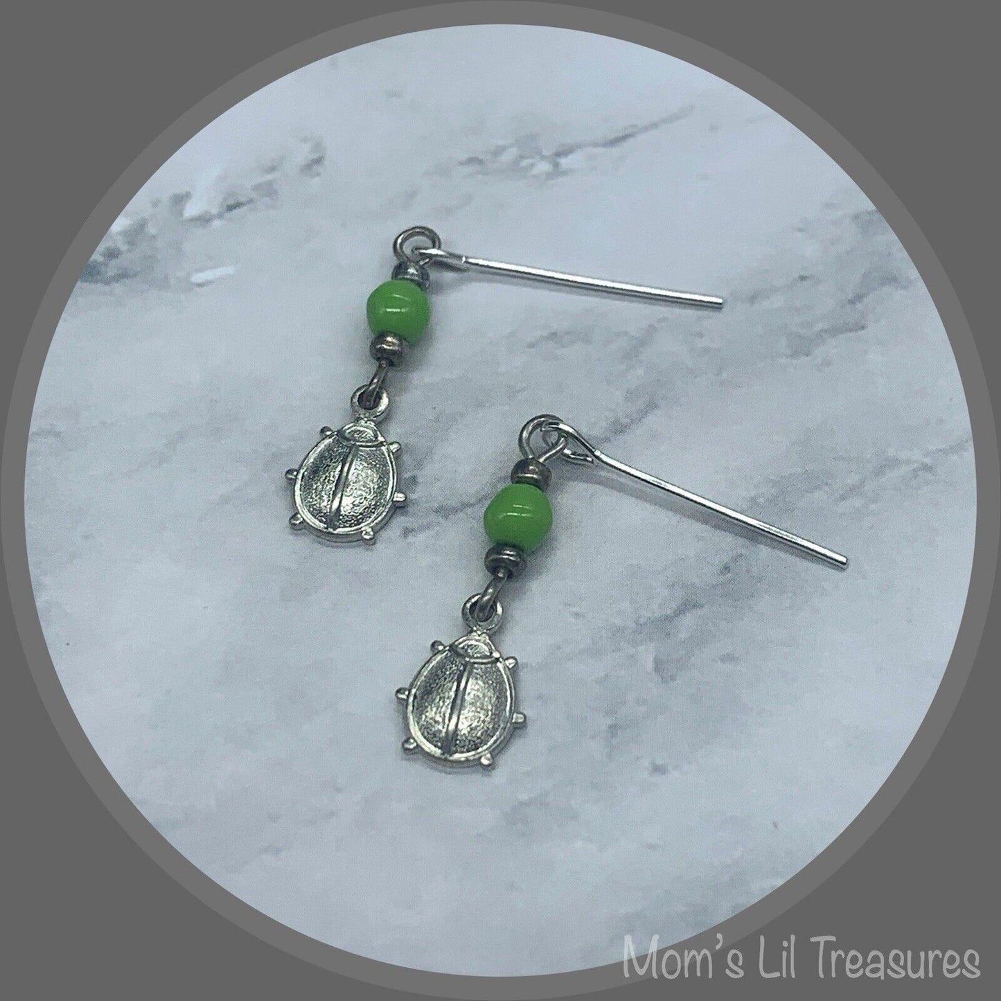 Green Glass Silver Lady Bug Dangle Doll Earrings • 18 Inch Fashion Doll Jewelry