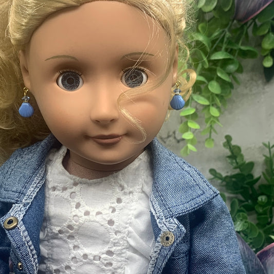 Blue Glass Shell Shape & Crystal Dangle Doll Earrings • 18” Doll Jewelry