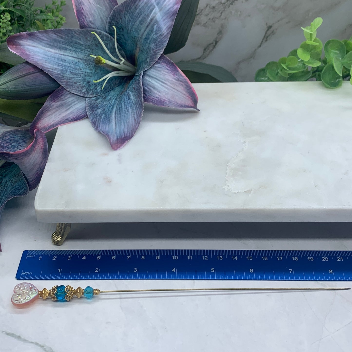 Turquoise Blue Crystal Pink Rainbow & Etched Flower Design Heart 8.25” Hatpin