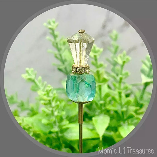 Turquoise Blue Glass Crystal -  Rhinestone Gold Tone 6” Pin • Hatpin - Stick Pin