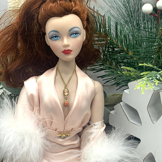 Coral Cameo Pendant Gold Chain Doll Necklace • 16” Fashion Doll Necklace