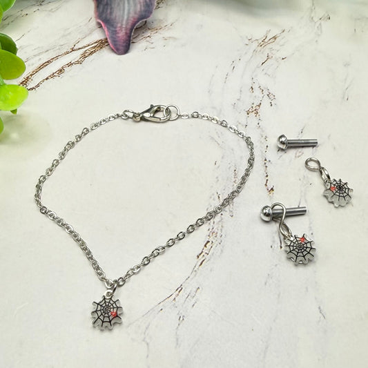 Spider Web Halloween Necklace and 2mm Post Earrings Set | for 18 Inch Dolls • American Girl
