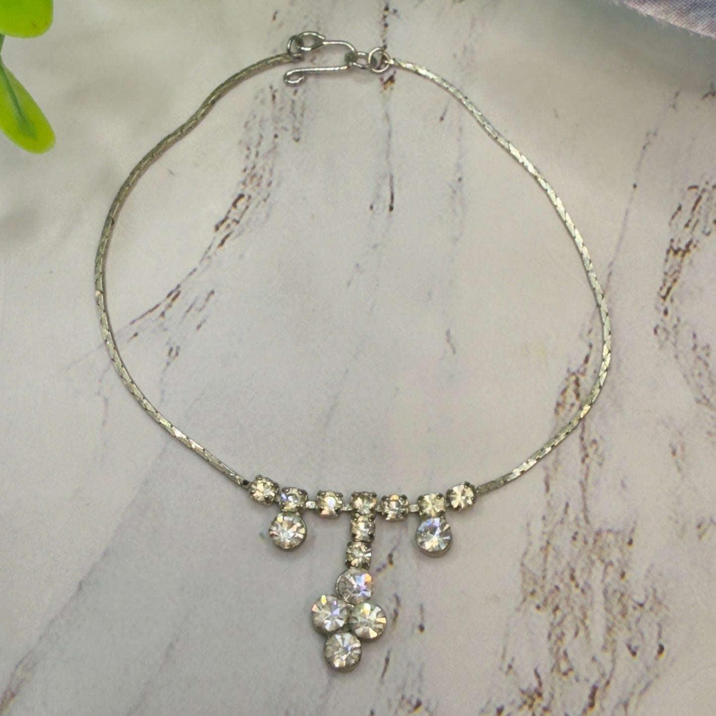 Clear Rhinestone Drop Dangle Silver Serpentine Doll Necklace • 18-22” Vintage Doll Jewelry