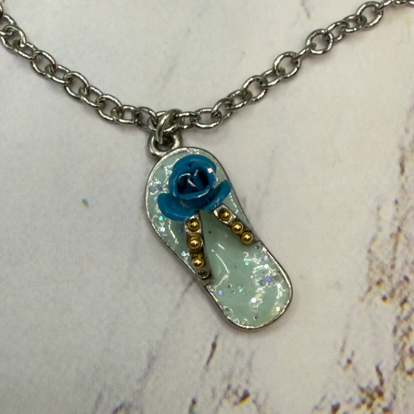 Blue Flip Flip Sandal Rose Accent Charm Silver Doll Necklace• 18 Inch Fashion Doll Jewelry
