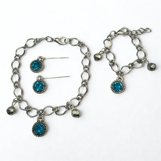 Round Turquoise Rhinestone Pendant Silver Link Doll Necklace Earrings Bracelet Set • 18 Inch Fashion Doll Jewelry