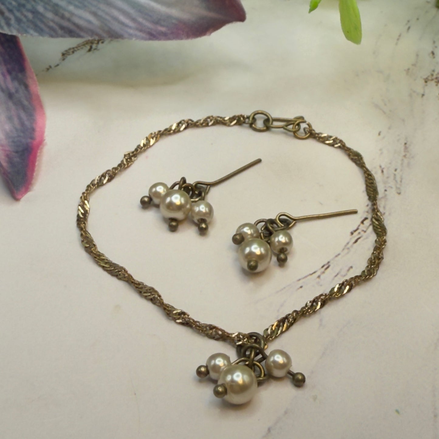 Gold Chain Pearl Dangle Pendant Doll Necklace & Earrings • 18-22” Vintage Doll Jewelry