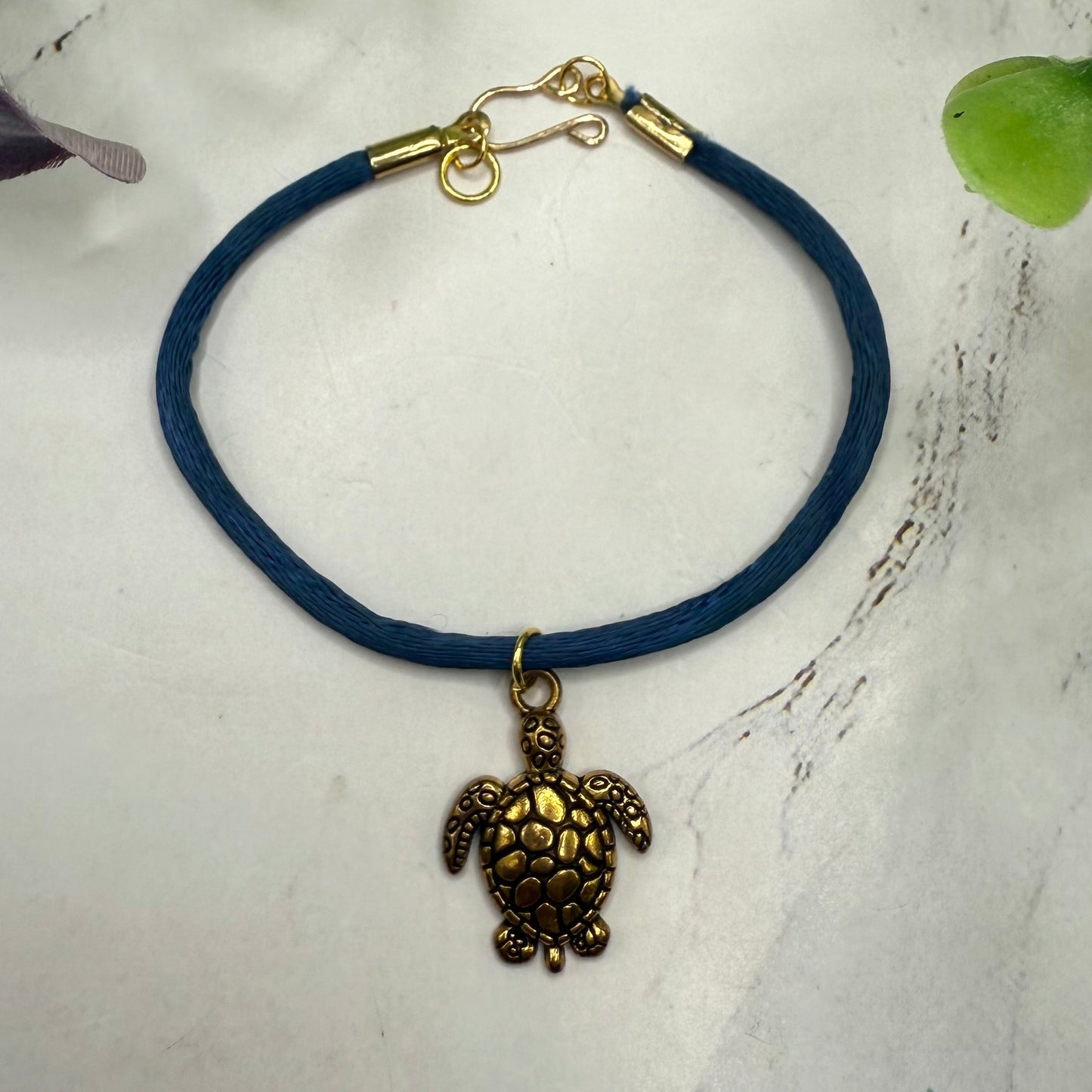 Gold Turtle Charm Blue Fabric Cord Doll Necklace• 18 Inch Fashion Doll Jewelry