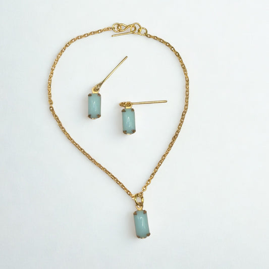 Blue Glass Rectangular Dangle Gold Chain Doll Necklace Earrings Set • 18 Inch Fashion Doll Jewelry