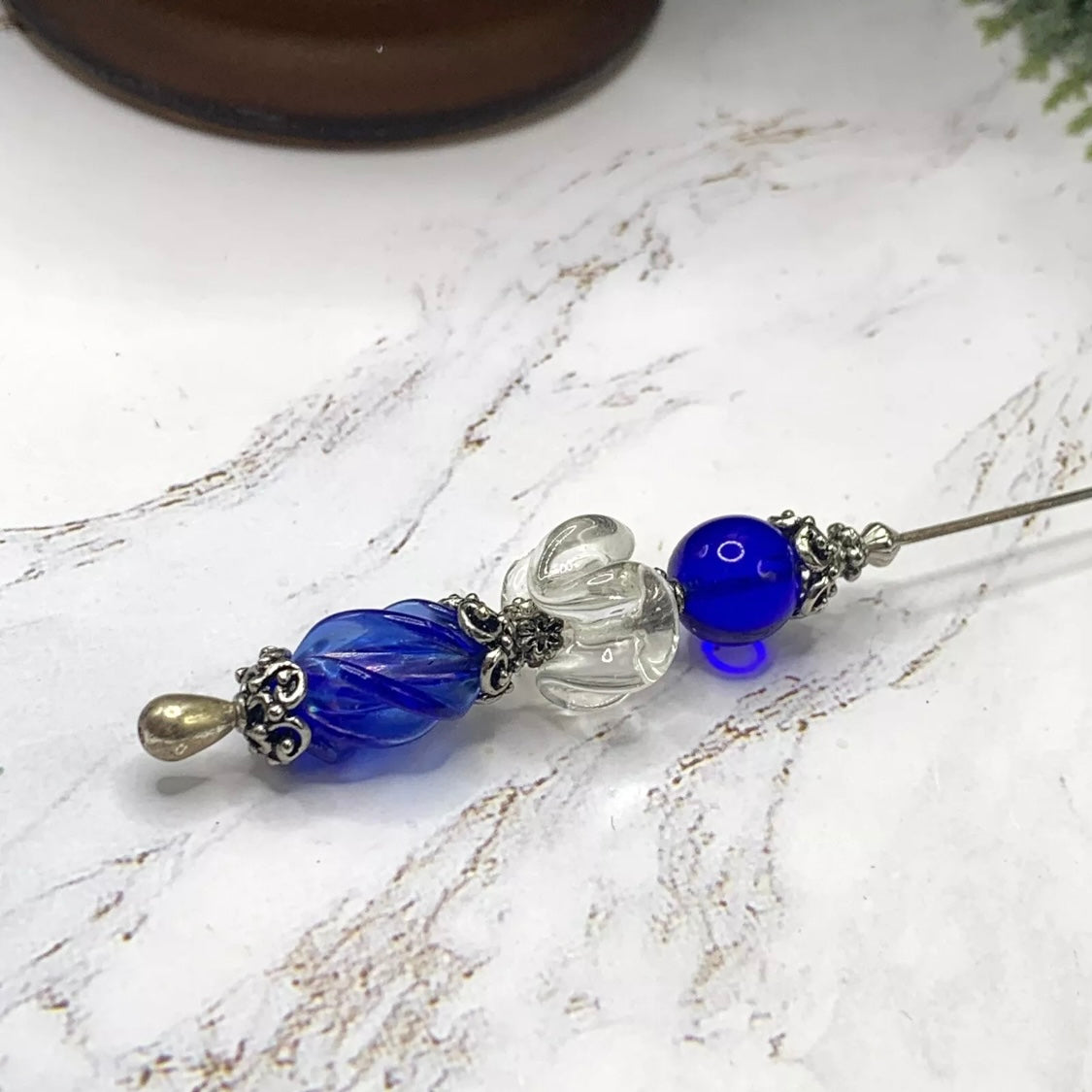 Blue Clear Swirl Glass Silver Filigree Design - 8.75” • Hatpin