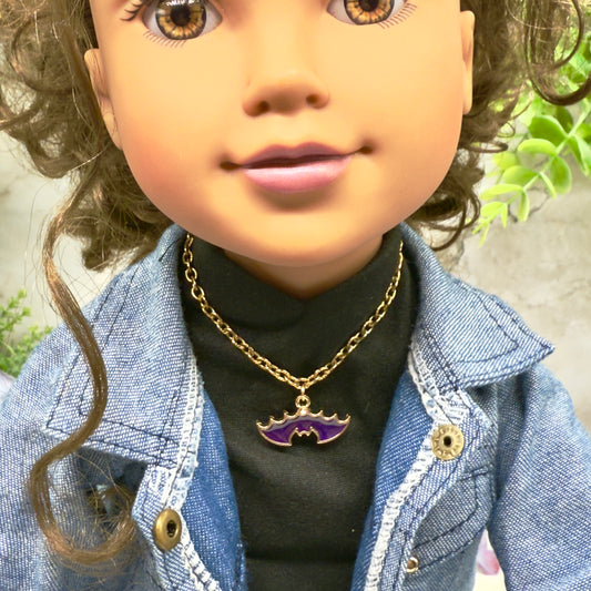 Purple Bat Charm Halloween Doll Necklace • 18 Inch Fashion Doll Jewelry