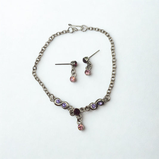 Pink Purple Rhinestone Silver Doll Necklace & Earrings Set • 18 Inch Fashion Doll Jewelry