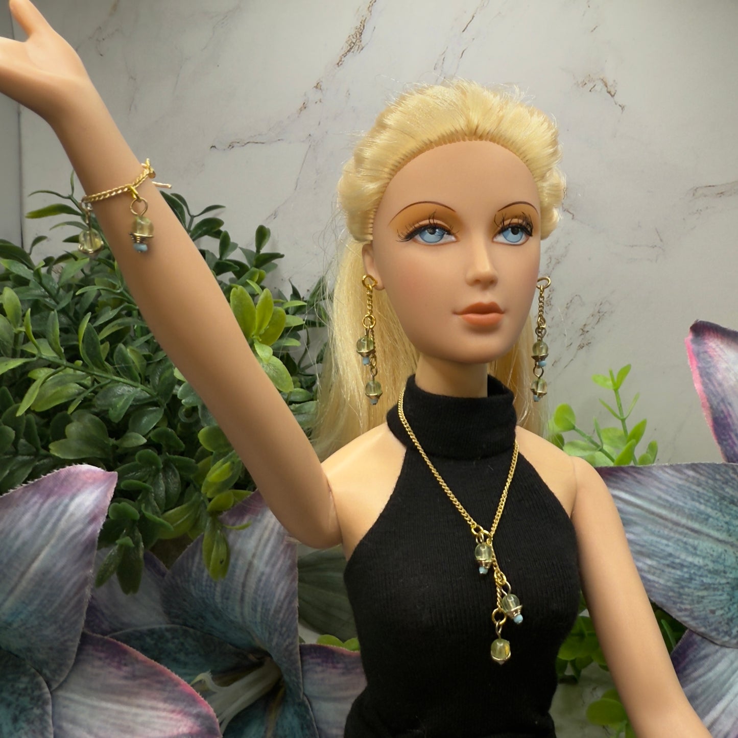 Green Blue Dangle Tassel Style Doll Necklace & Earrings Set • 16 Inch Fashion Doll Jewelry •
