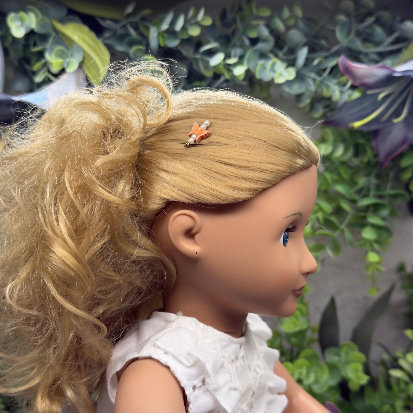 Orange & Pearl Beaded Butterfly Doll Hair Barrettes 14-18” Fashion Dolls • Doll Hair Accessories