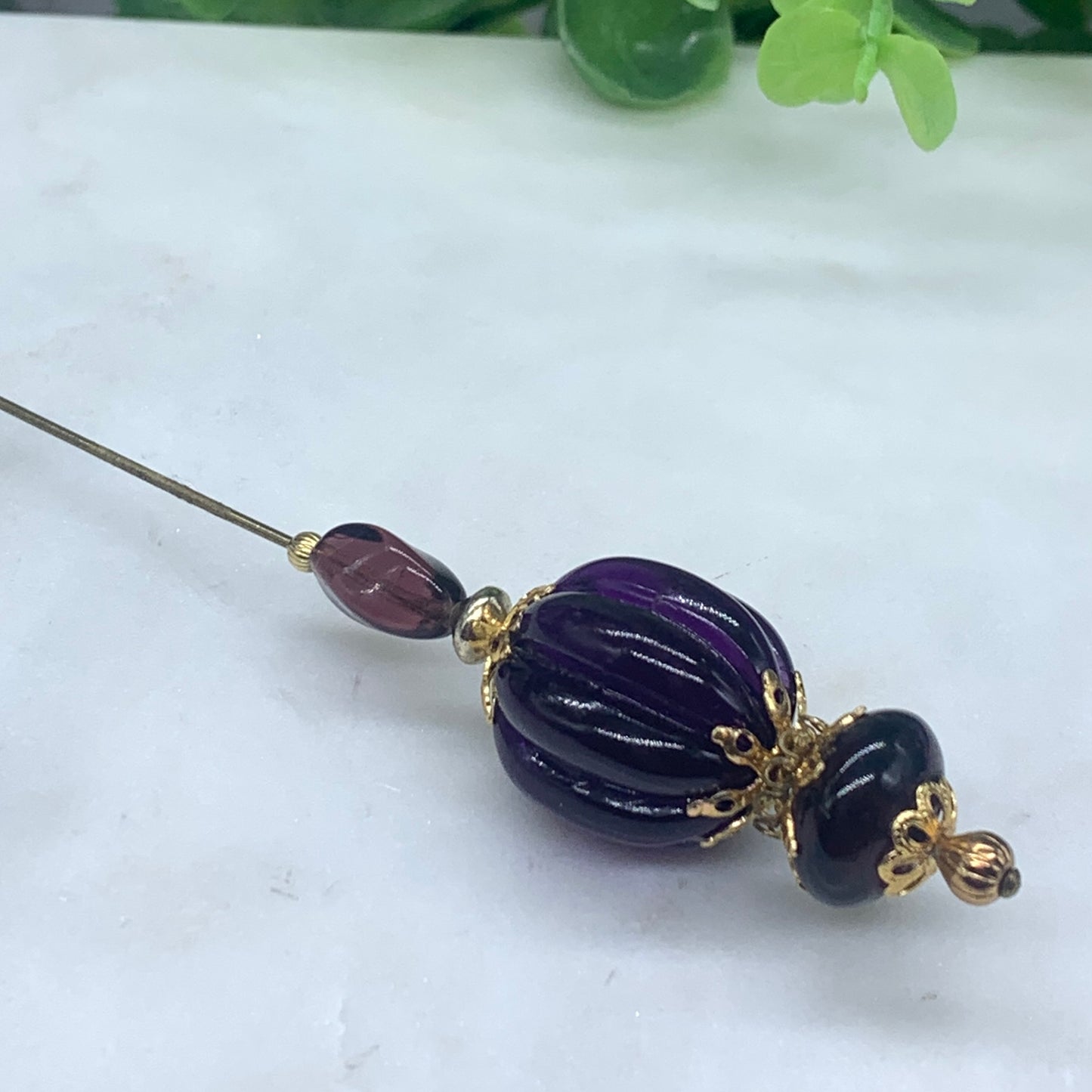 Purple Acrylic Ribbed Spiral Design Gold Filigree • 6” Hatpin - Stick Pin
