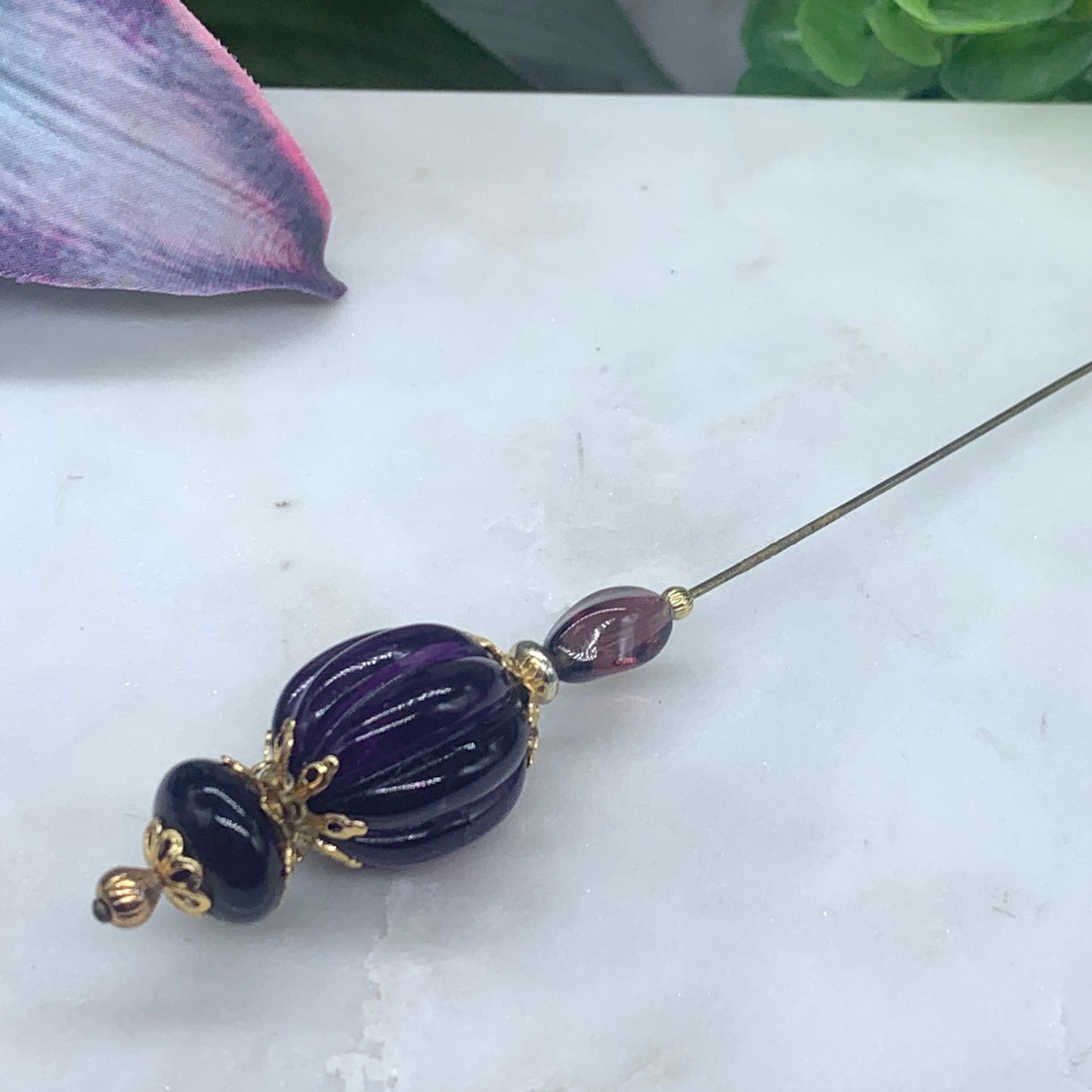 Purple Acrylic Ribbed Spiral Design Gold Filigree • 6” Hatpin - Stick Pin