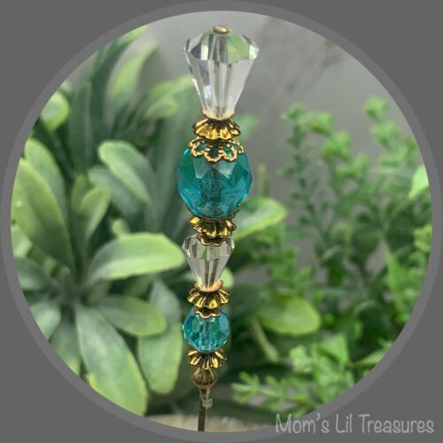 Turquoise Blue & Clear Crystal - Gold Tone Findings- 6” Pin • Hatpin - Stick Pin