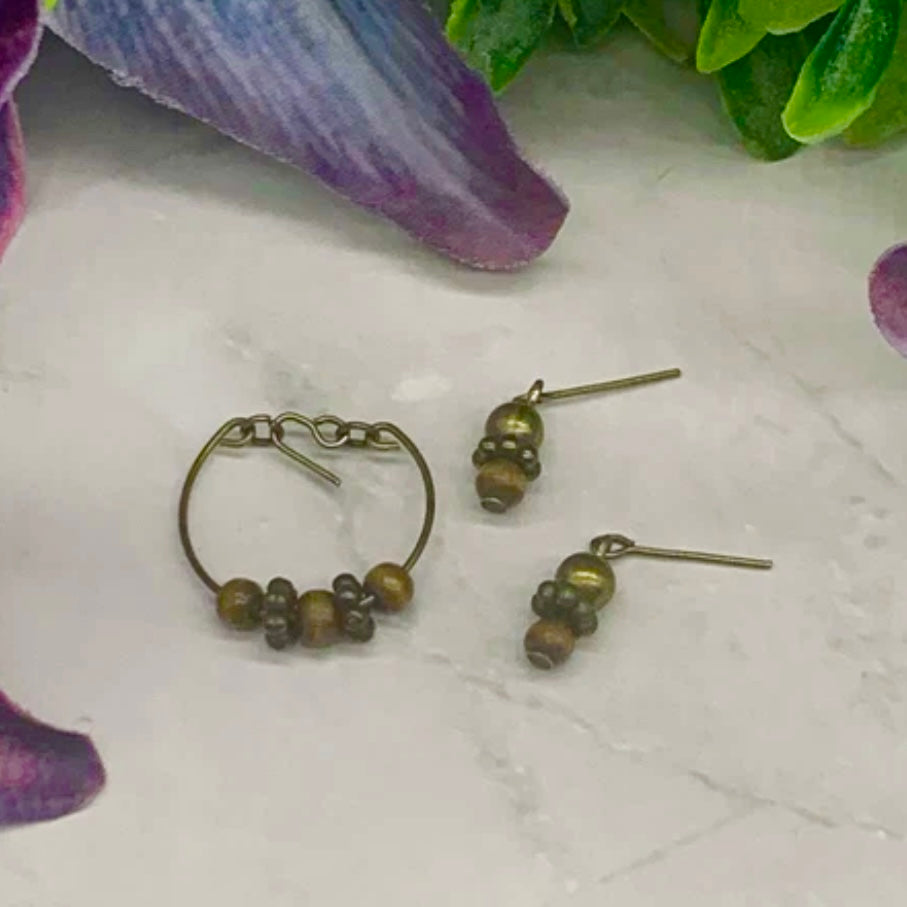 Brown Bronze Beaded Wire Doll Necklace Earring Set • 10-12” 1:6 Doll Jewelry
