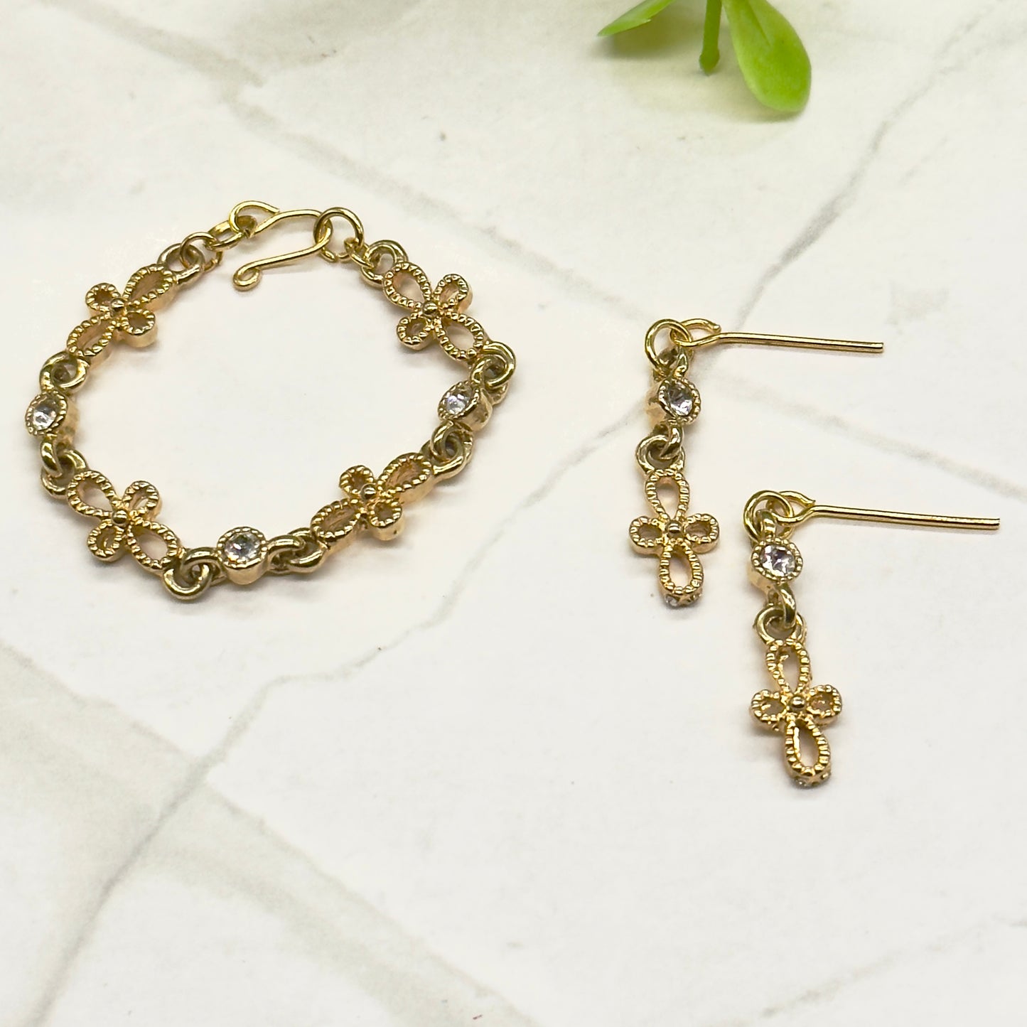 Gold Filigree Cross Clear Rhinestone Doll Necklace Earring Set • 16” Fashion Doll Jewelry
