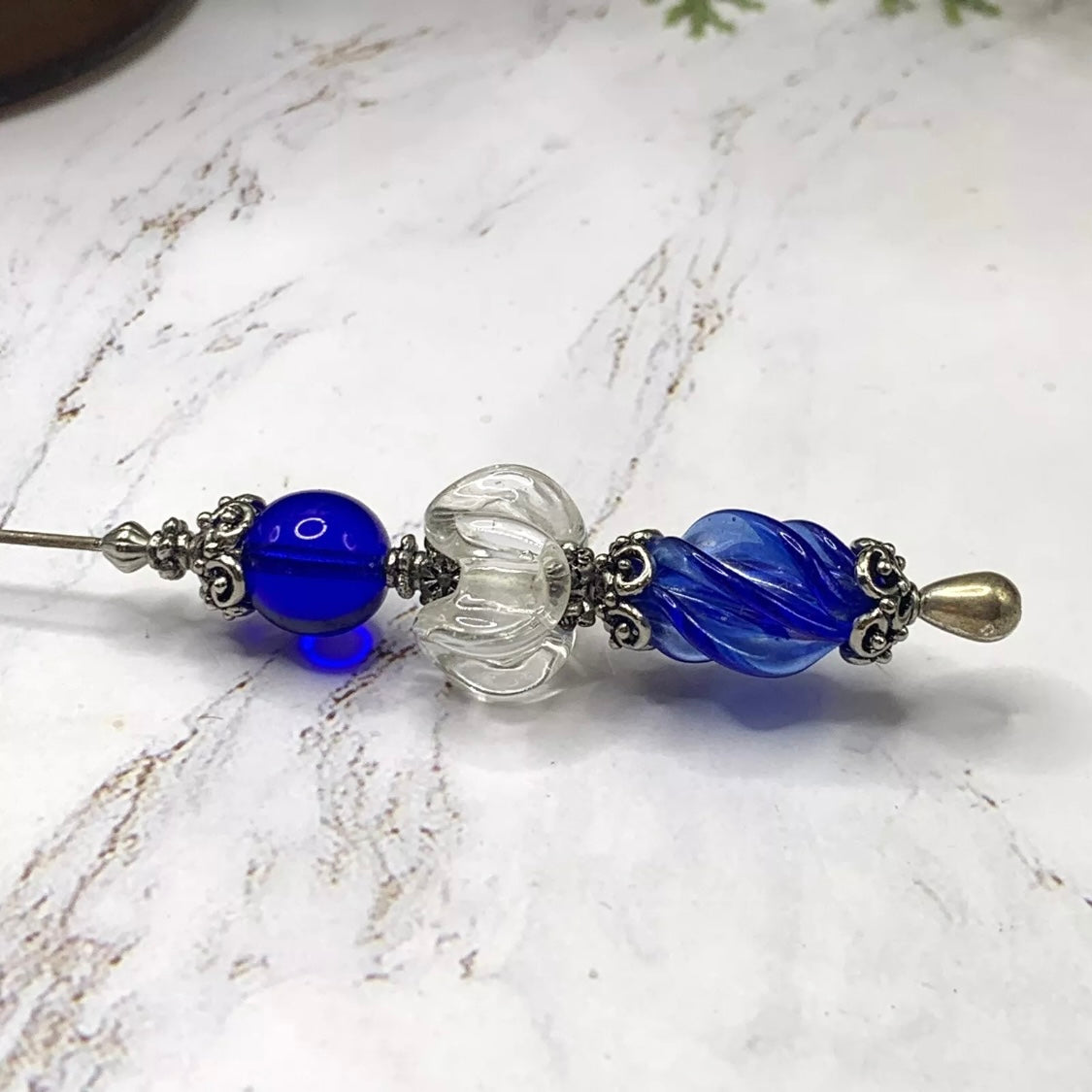 Blue Clear Swirl Glass Silver Filigree Design - 8.75” • Hatpin
