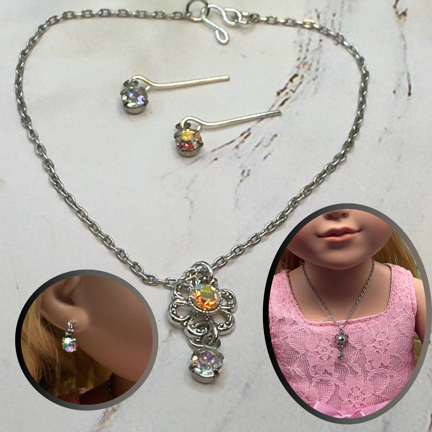 AB Rhinestone Flower Pendant Doll Necklace & Earrings Set• 18 Inch Fashion Doll Jewelry