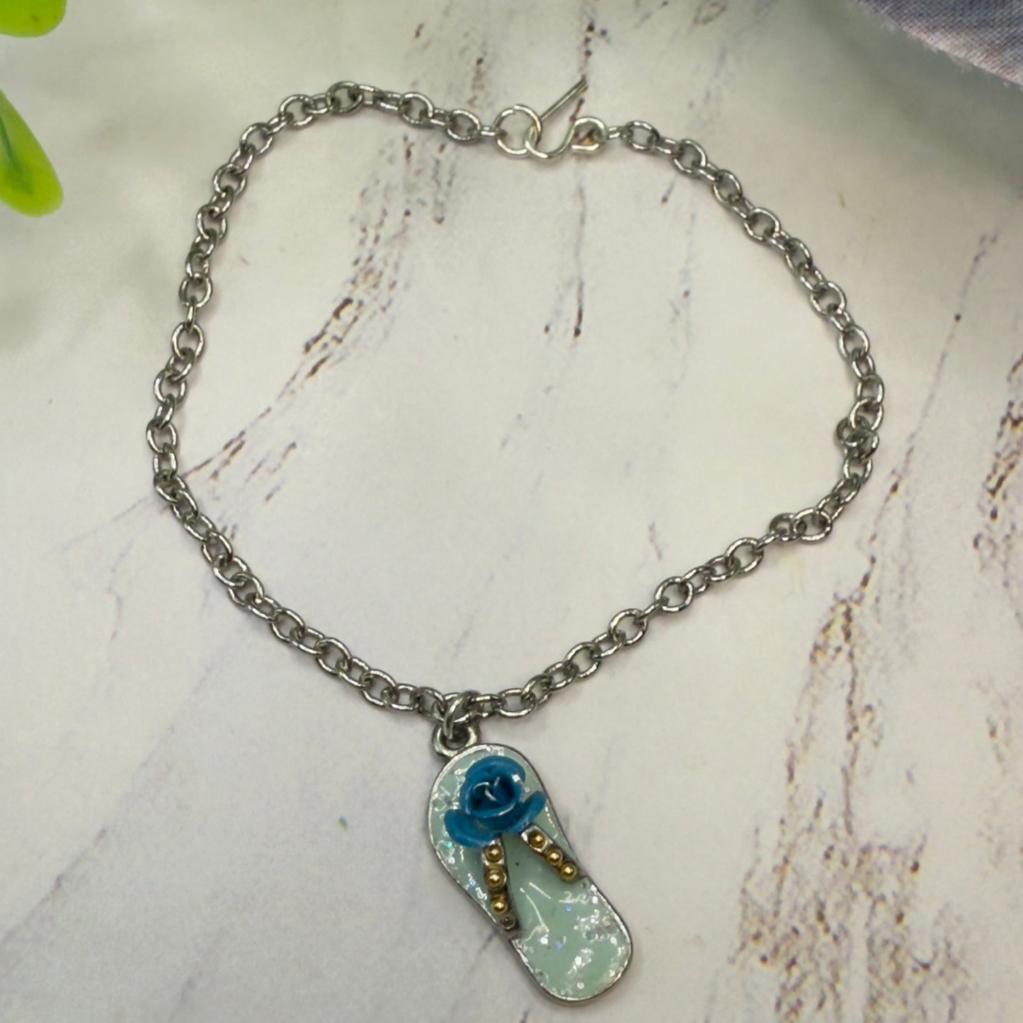 Blue Flip Flip Sandal Rose Accent Charm Silver Doll Necklace• 18 Inch Fashion Doll Jewelry