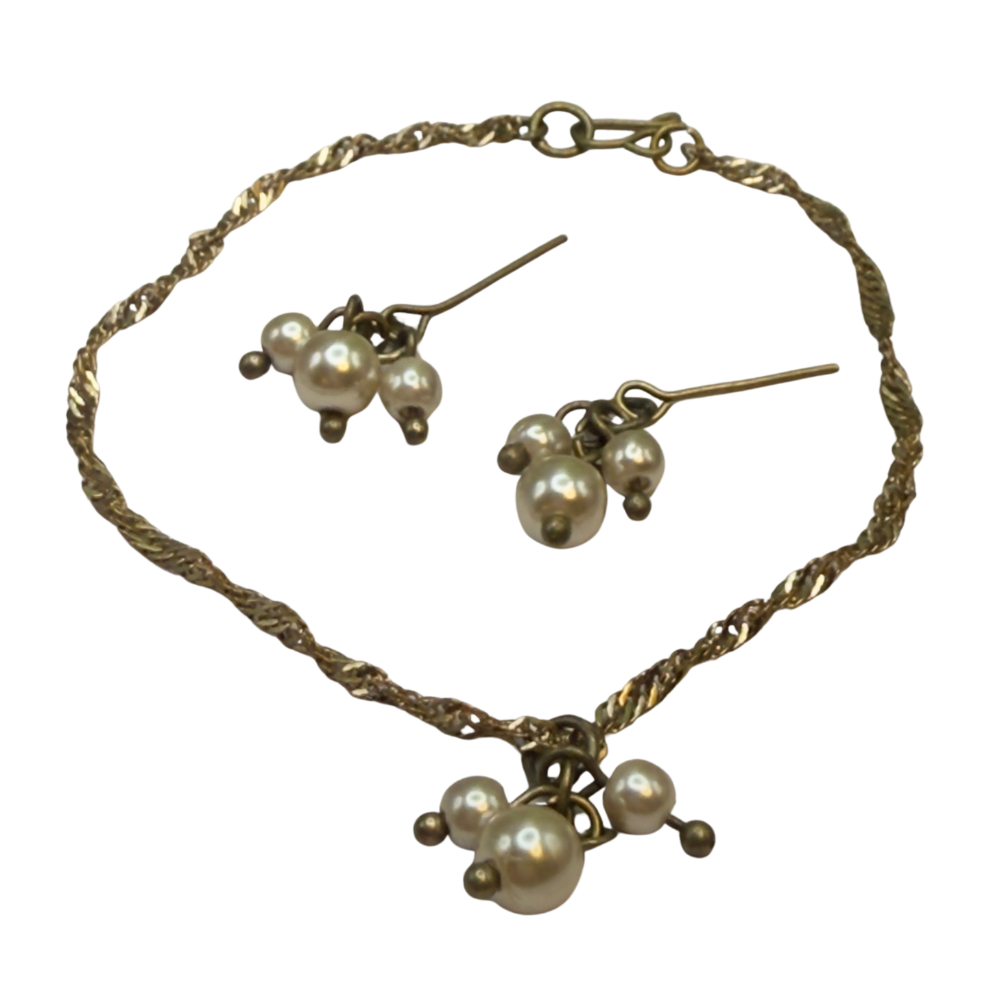 Gold Chain Pearl Dangle Pendant Doll Necklace & Earrings • 18-22” Vintage Doll Jewelry