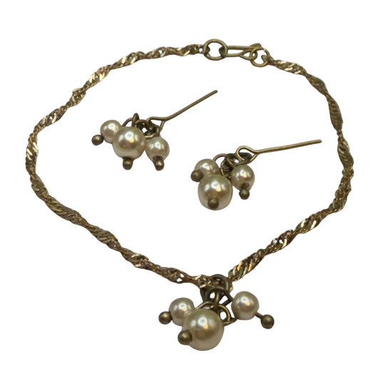 Gold Chain Pearl Dangle Pendant Doll Necklace & Earrings • 18-22” Vintage Doll Jewelry