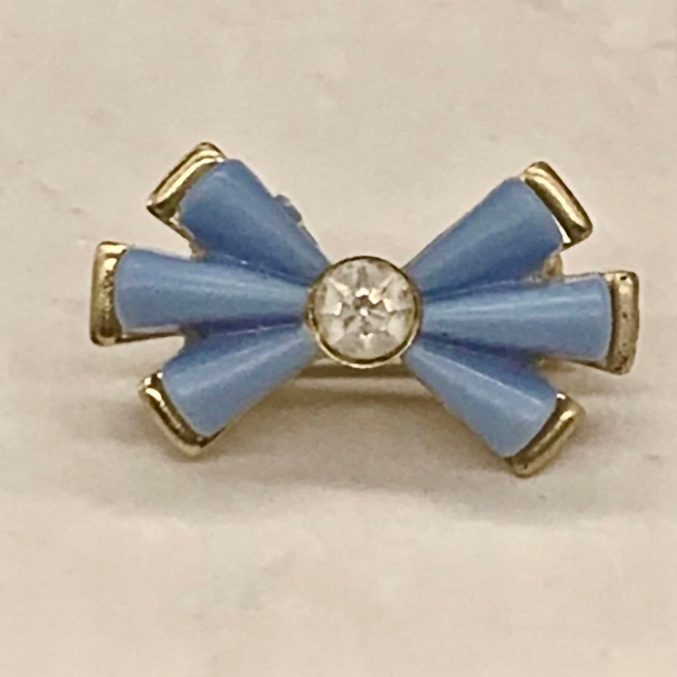 Blue Bow Clear Rhinestone Accent Pin Doll Brooch