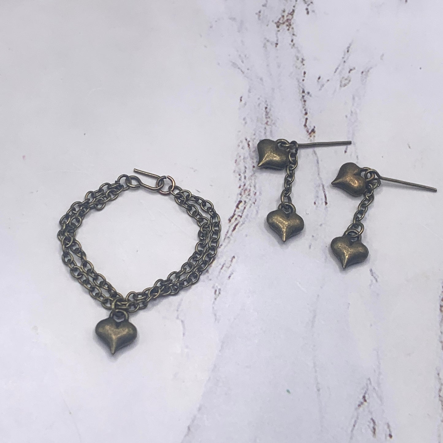 Bronze Heart Charm Chain Dangle Doll Necklace Earring Set • 16” Doll Jewelry