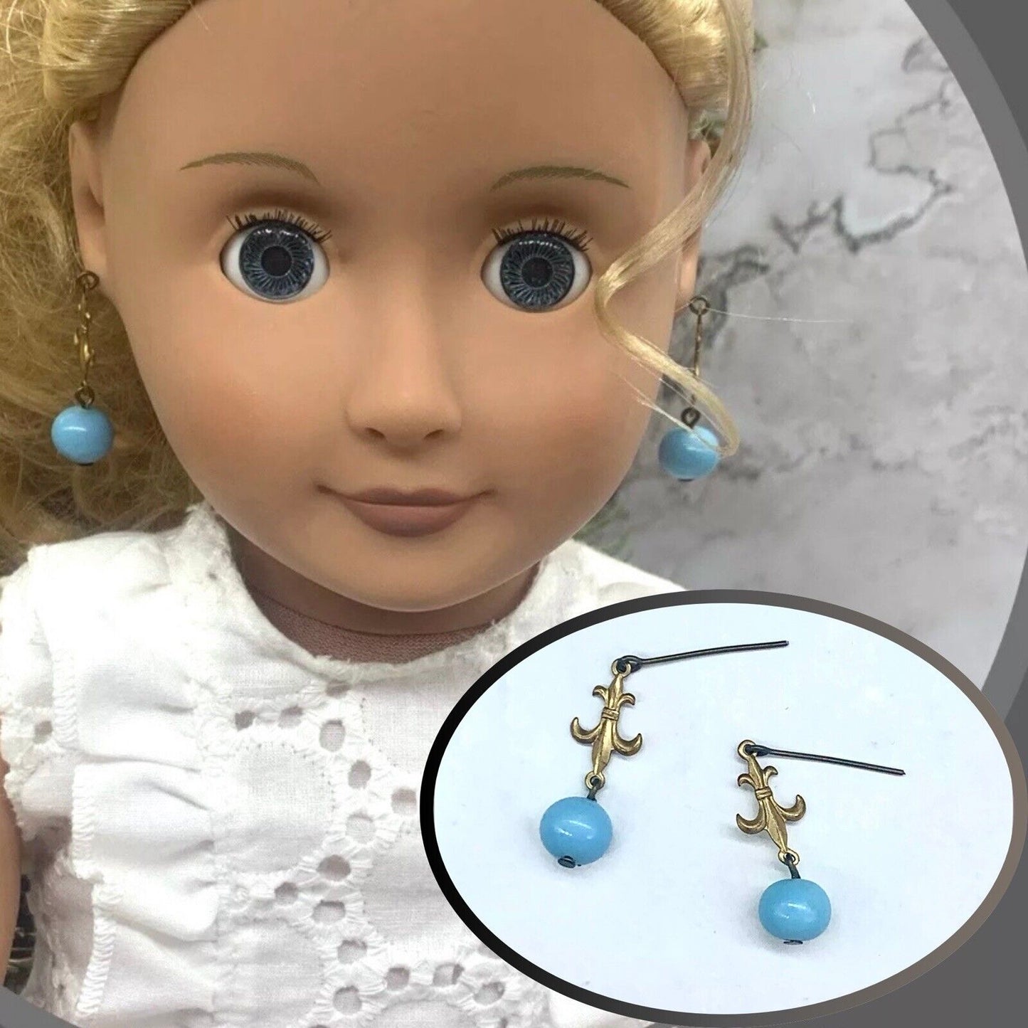 Round Blue Glass & Gold Fleur-de-lis Dangle Doll Earrings • 18” Doll Jewelry
