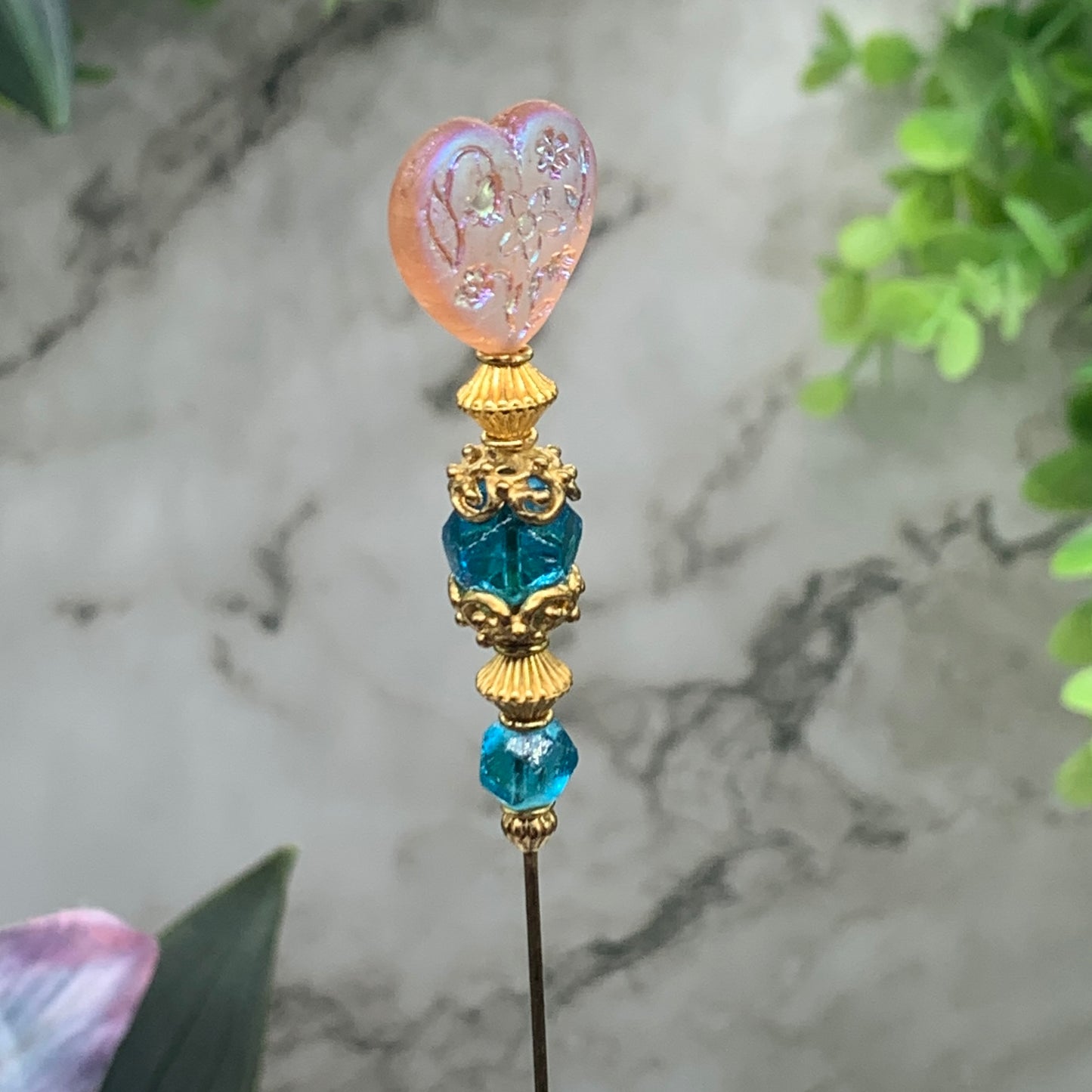 Turquoise Blue Crystal Pink Rainbow & Etched Flower Design Heart 8.25” Hatpin