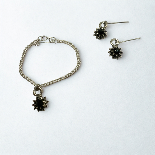 Black Rhinestone Flower Charm Silver Chain Doll Necklace & Earrings Set • 14 Inch Fashion Doll Jewelry