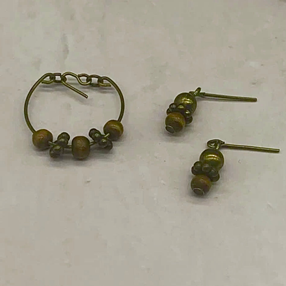 Brown Bronze Beaded Wire Doll Necklace Earring Set • 10-12” 1:6 Doll Jewelry