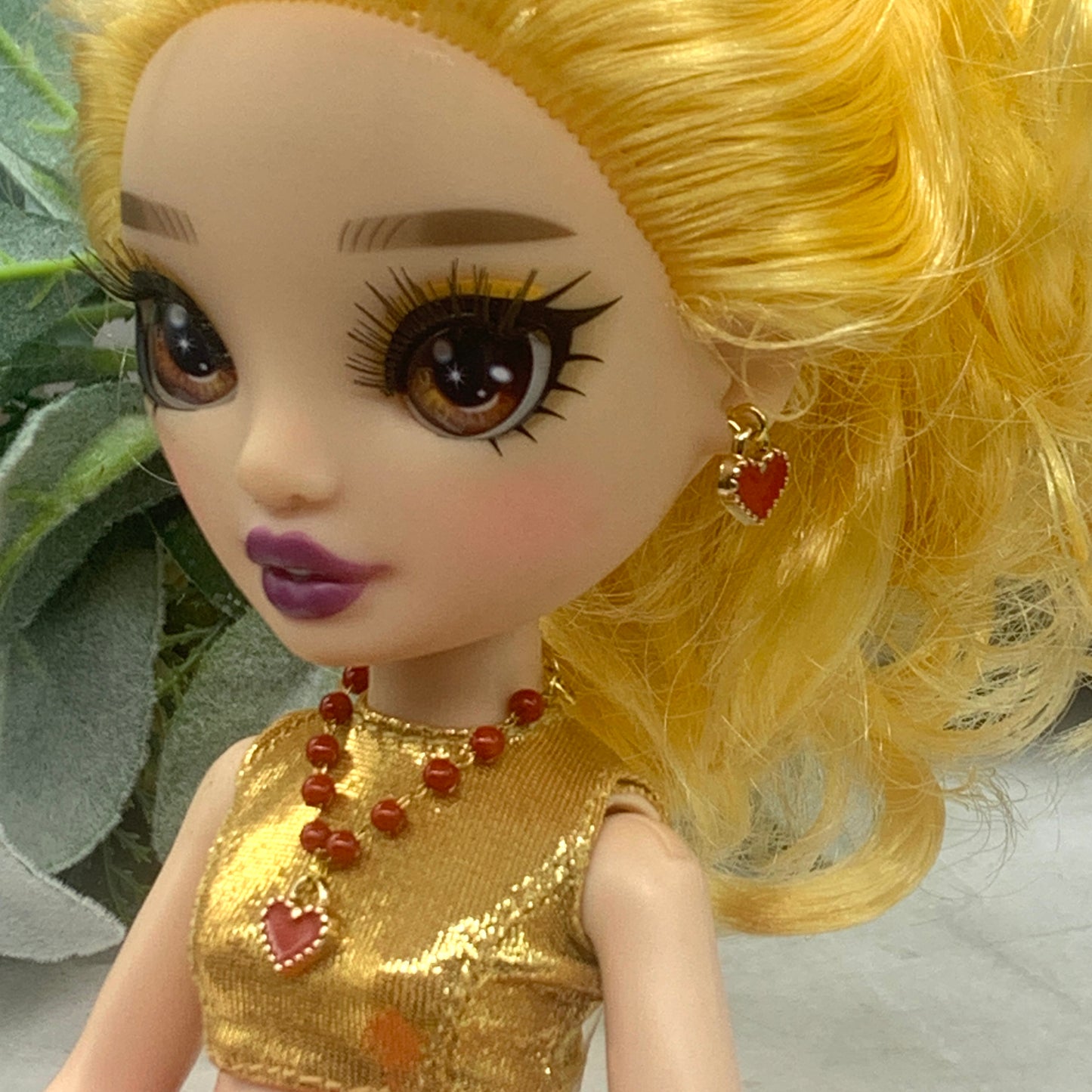 Red Heart Beaded Gold Chain Doll Necklace Earring Set 10-12” Doll Rainbow High