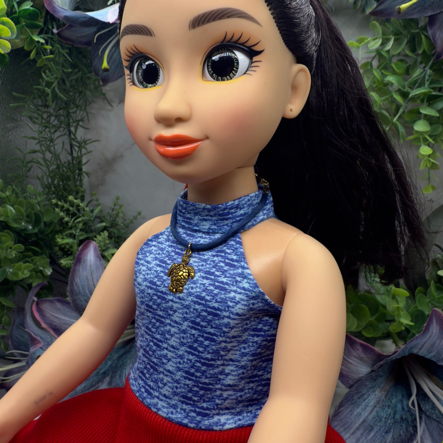 Gold Turtle Charm Blue Fabric Cord Doll Necklace• 18 Inch Fashion Doll Jewelry
