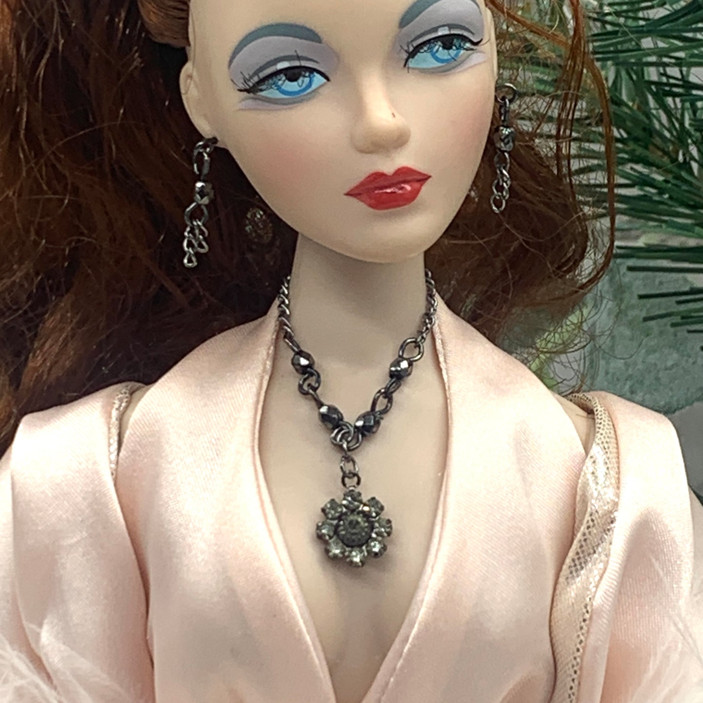 Black Smoky Rhinestone Crystal Doll Necklace Earrings Set • 16” Doll Jewelry