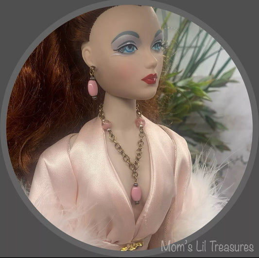 16” Fashion Doll Jewelry • Pink Glass Copper Chain Doll Necklace Earrings Set