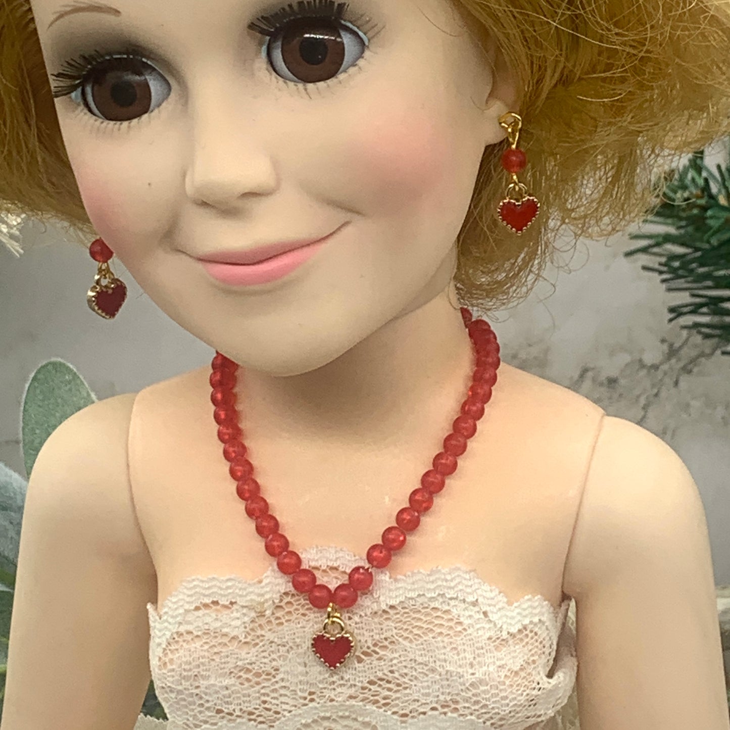Red Gold Heart Beaded Gold Chain Necklace Earring Set 18-22” Doll Jewelry