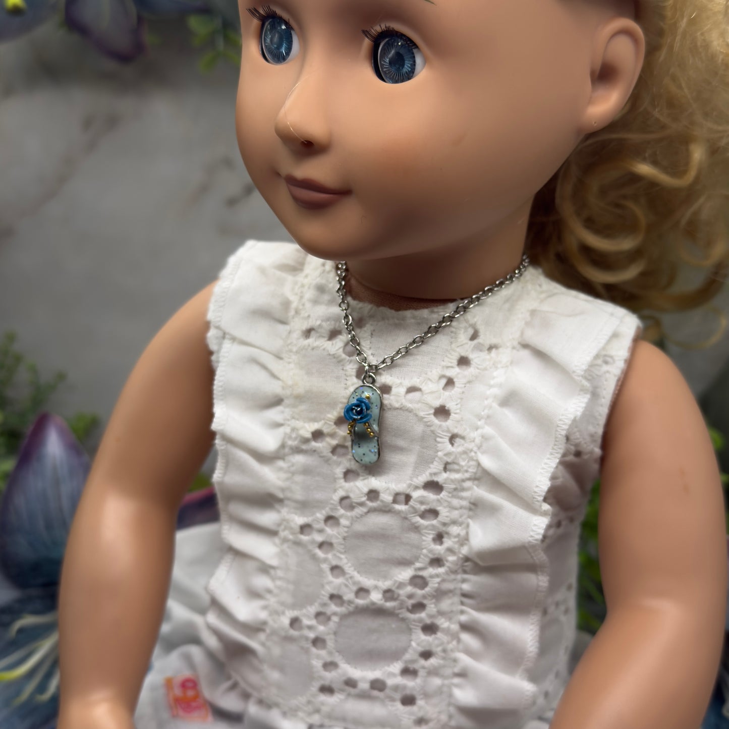 Blue Flip Flip Sandal Rose Accent Charm Silver Doll Necklace• 18 Inch Fashion Doll Jewelry