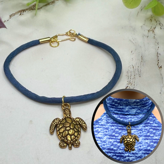 Gold Turtle Charm Blue Fabric Cord Doll Necklace• 18 Inch Fashion Doll Jewelry