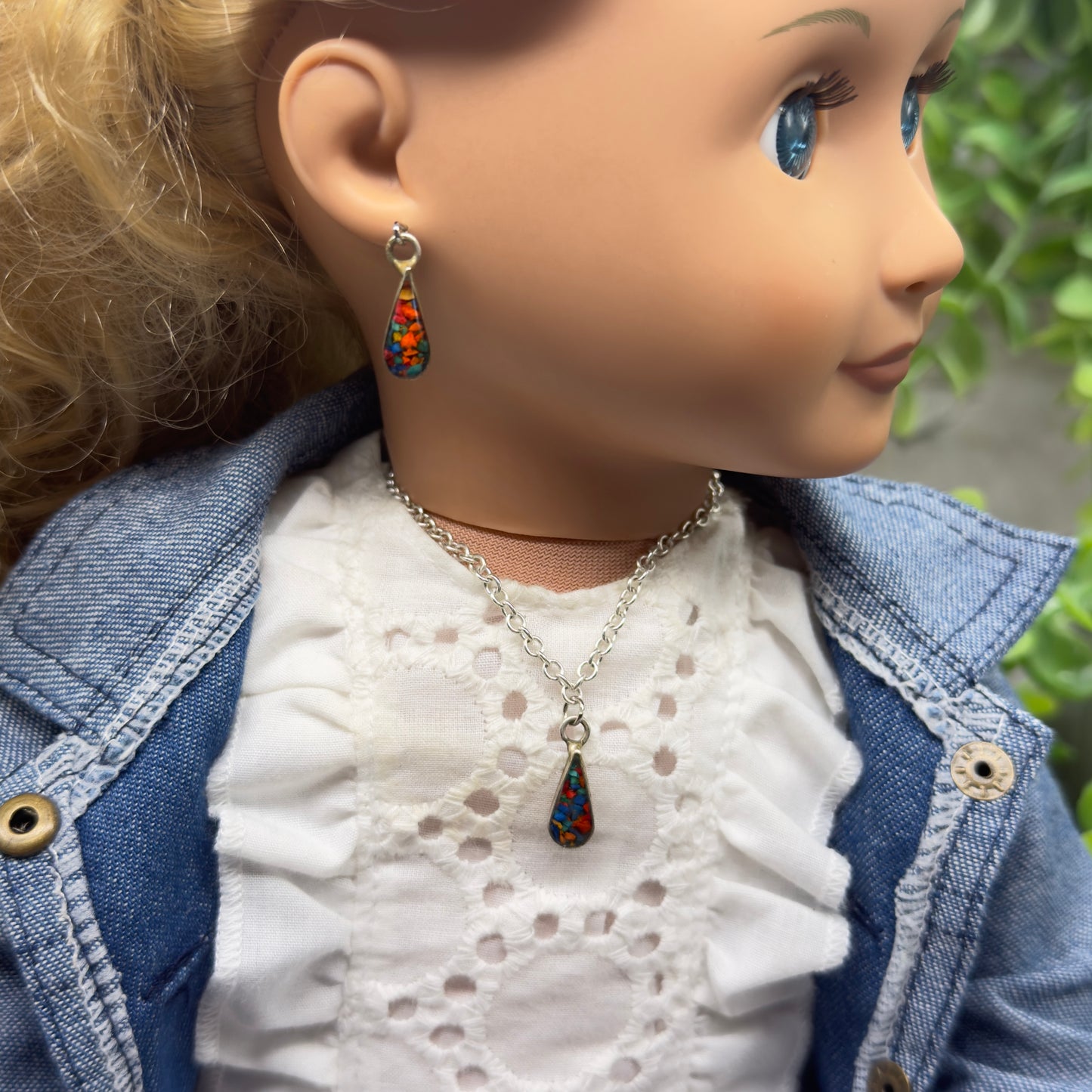Multi Color Enamel Teardop Shape Necklace & Earrings Set • 18 Inch Fashion Doll Jewelry