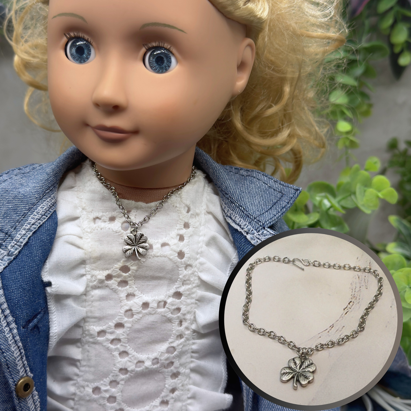 Silver Four Leaf Clover Luck Doll Necklace • 18 Inch Fashion Doll Jewelry