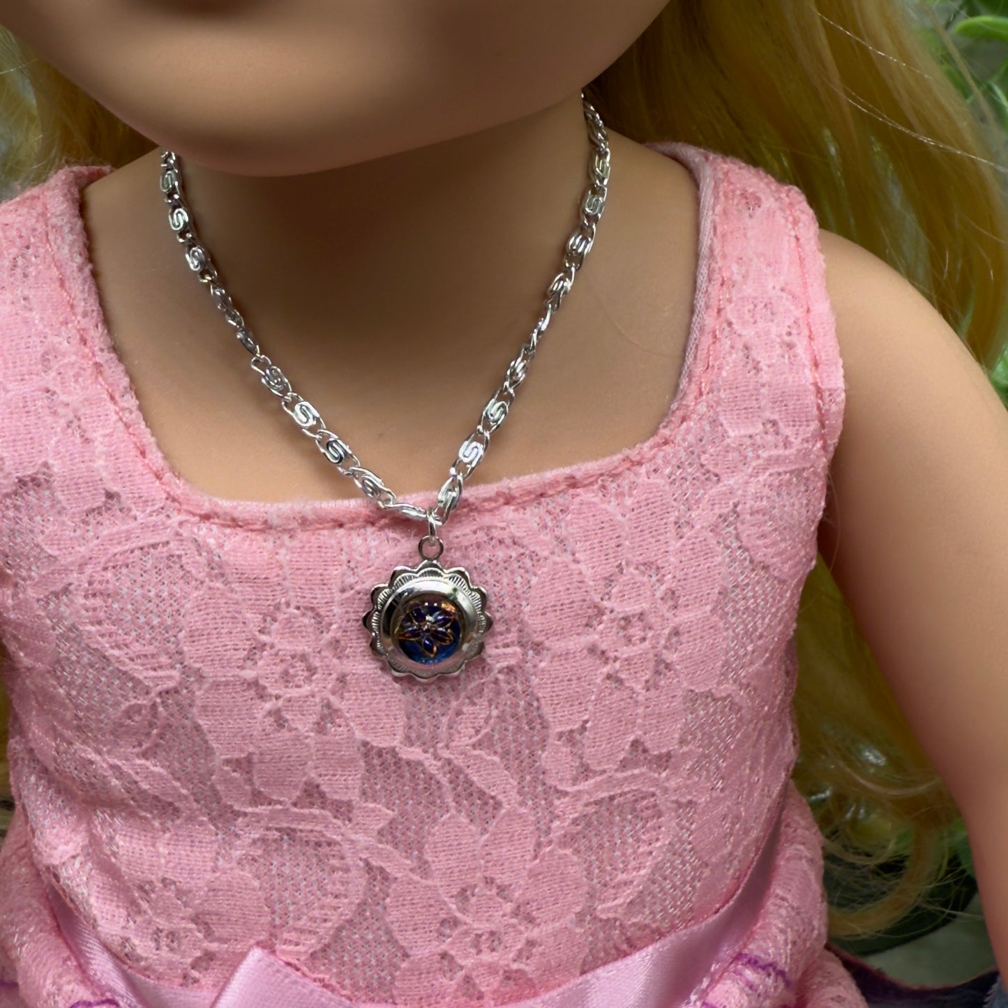 Blue Purple Flower Silver Filigree Pendant Doll Necklace • 18 Inch Fashion Doll Jewelry